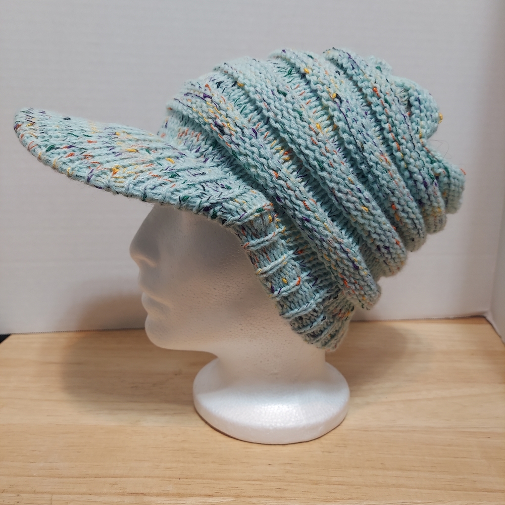 Mint Green Confetti Slouchy Visor Beanie Hat with Ponytail Hole - Like New - Picture 2 of 6